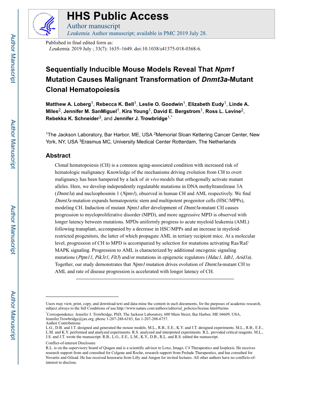 Sequentially Inducible Mouse Models Reveal That Npm1 Mutation Causes Malignant Transformation of Dnmt3a-Mutant Clonal Hematopoiesis