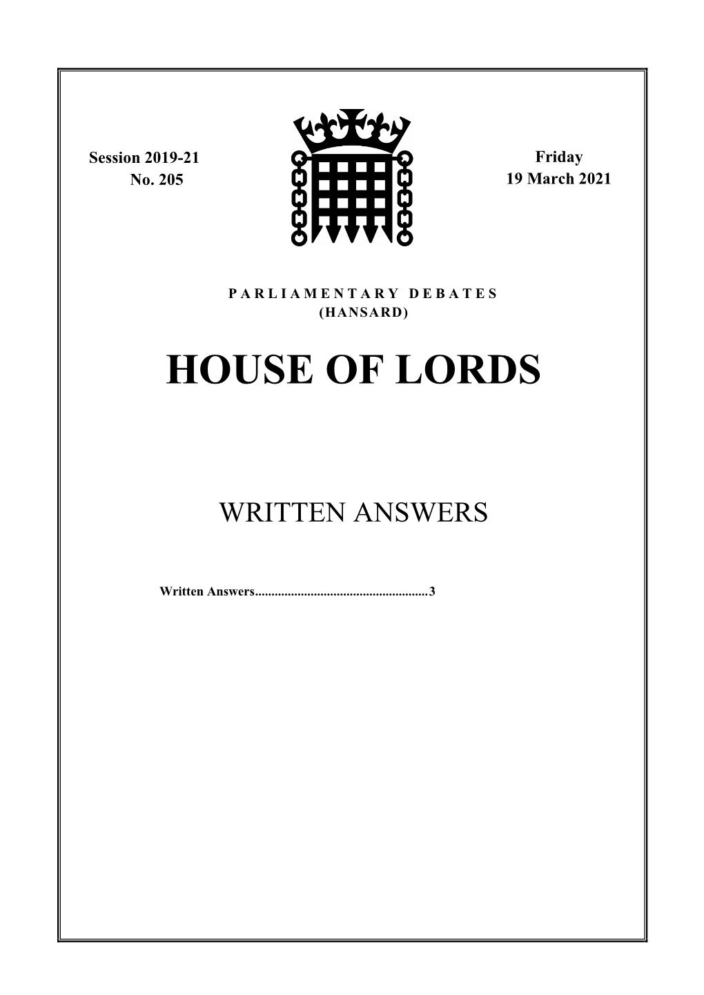 House of Lords Written Answers and Statements