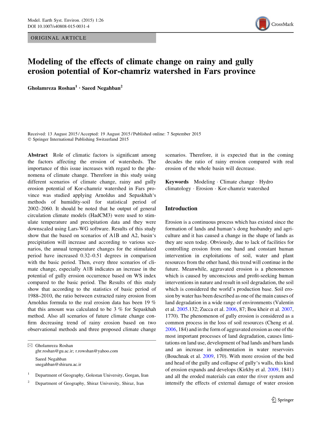 Modeling of the Effects of Climate Change on Rainy and Gully Erosion Potential of Kor-Chamriz Watershed in Fars Province