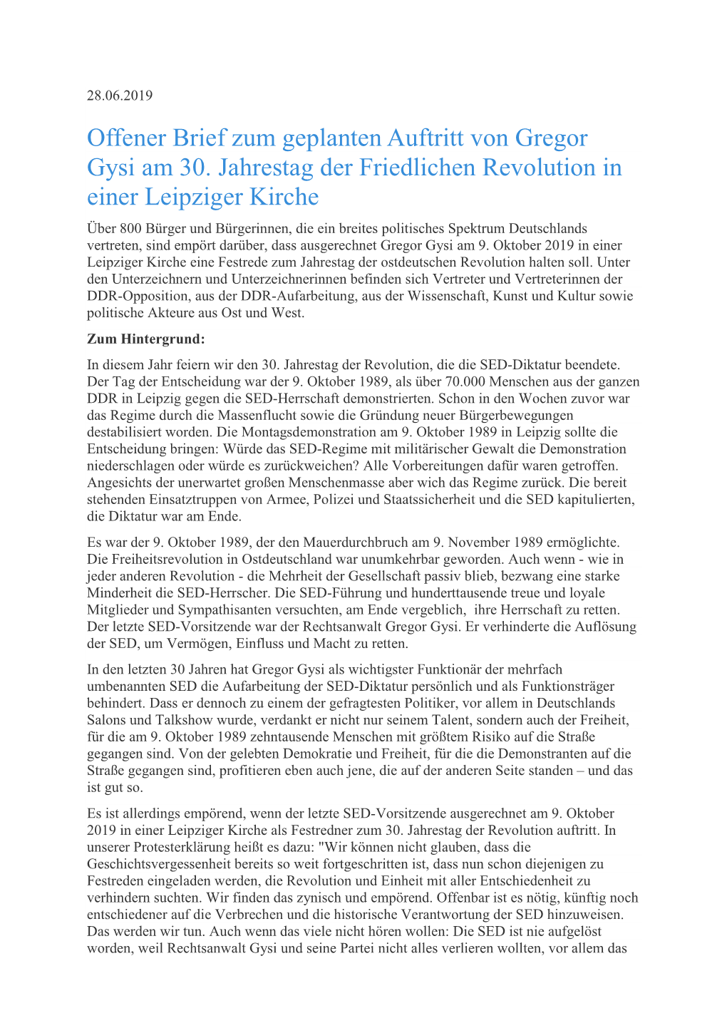 Offener Brief Zum Geplanten Auftritt Von Gregor Gysi Am 30. Jahrestag