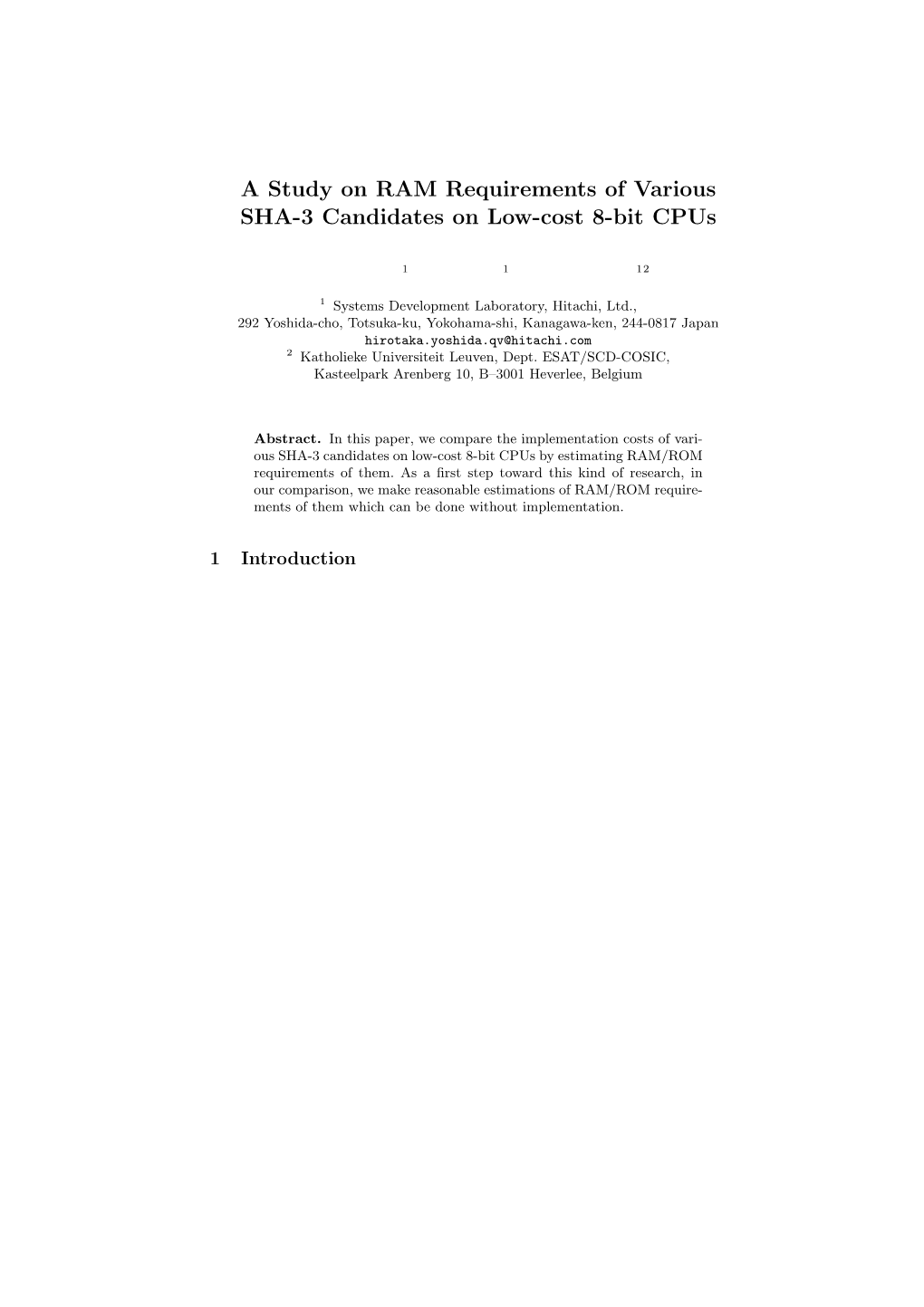 A Study on RAM Requirements of Various SHA-3 Candidates on Low-Cost 8-Bit Cpus