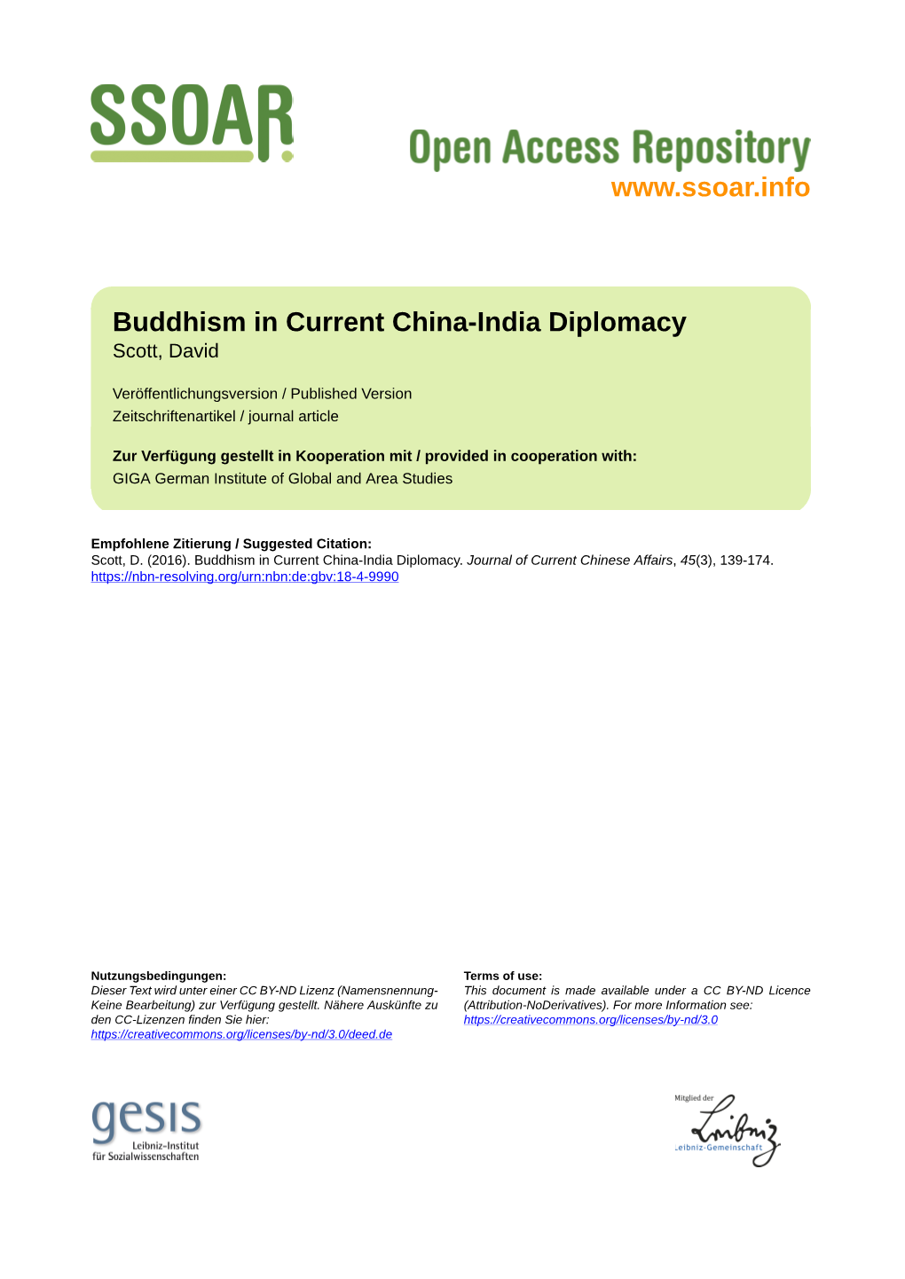 Buddhism in Current China–India Diplomacy, In: Journal of Current Chinese Affairs, 45, 3, 139–174