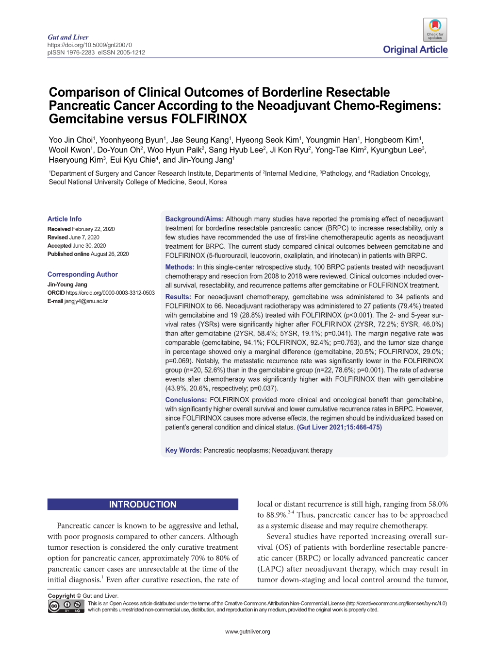 Comparison of Clinical Outcomes of Borderline Resectable Pancreatic Cancer According to the Neoadjuvant Chemo-Regimens: Gemcitabine Versus FOLFIRINOX