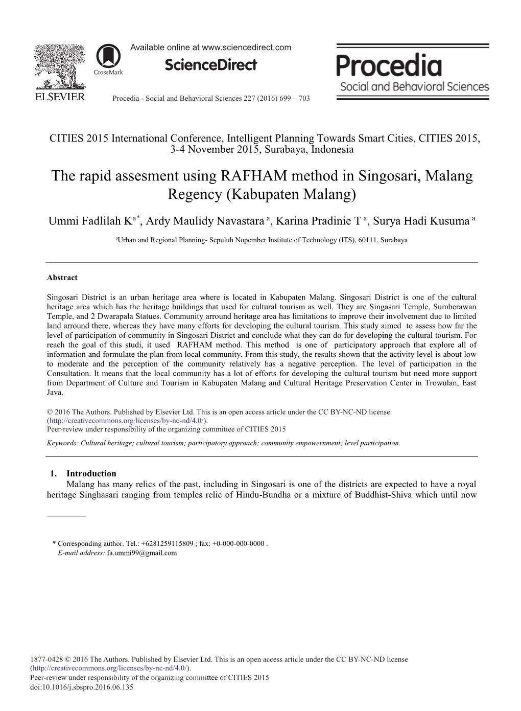 The Rapid Assesment Using RAFHAM Method in Singosari, Malang Regency (Kabupaten Malang)