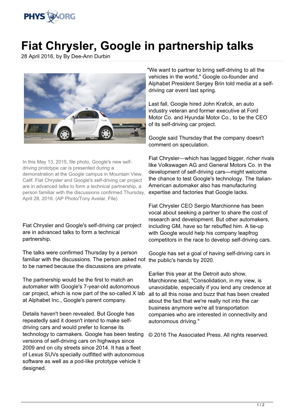 Fiat Chrysler, Google in Partnership Talks 28 April 2016, by by Dee-Ann Durbin