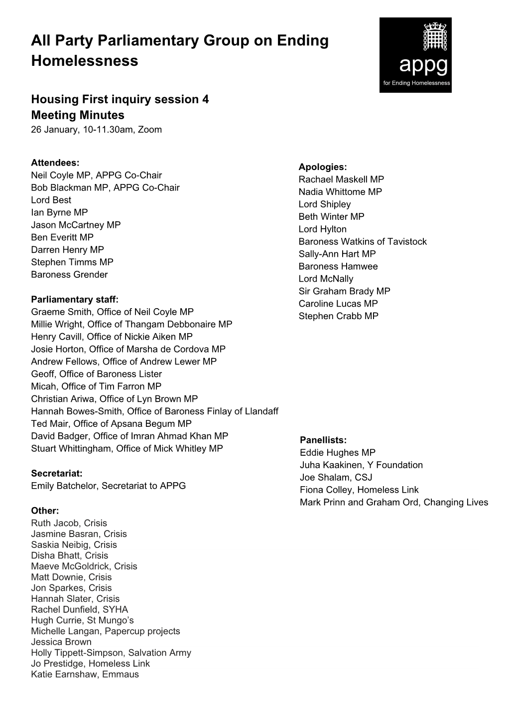 All Party Parliamentary Group on Ending Homelessness