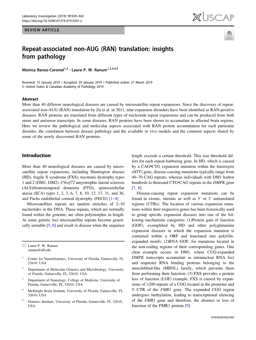 Repeat-Associated Non-AUG (RAN) Translation: Insights from Pathology