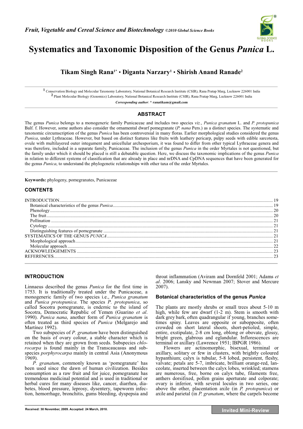 Systematics and Taxonomic Disposition of the Genus Punica L