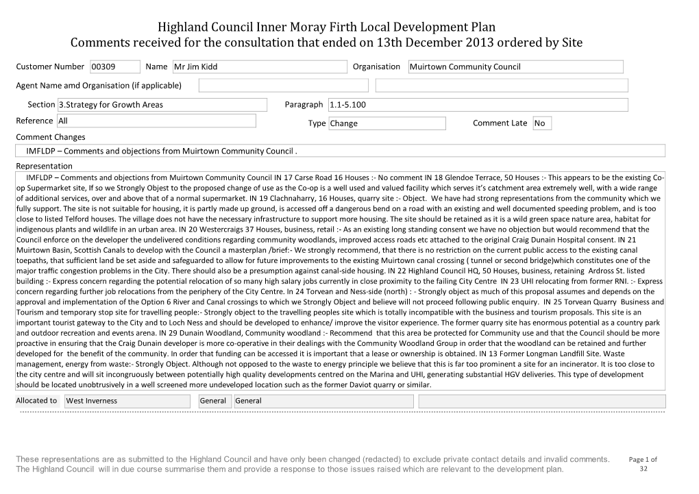 Highland Council Inner Moray Firth Local Development Plan Comments Received for the Consultation That Ended on 13Th December 2013 Ordered by Site