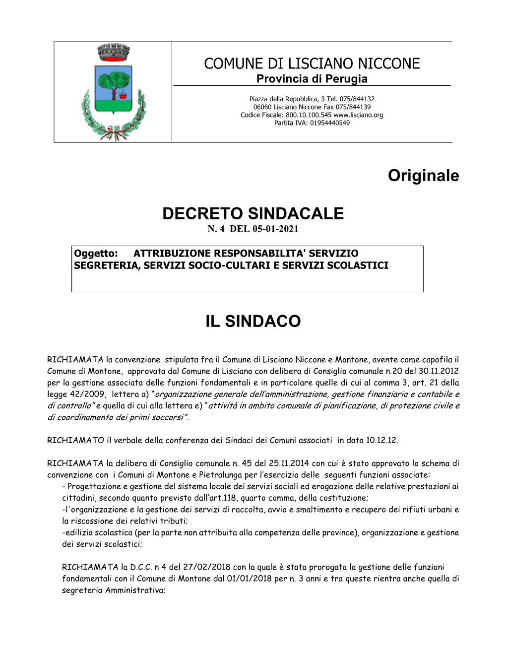 Originale DECRETO SINDACALE IL SINDACO