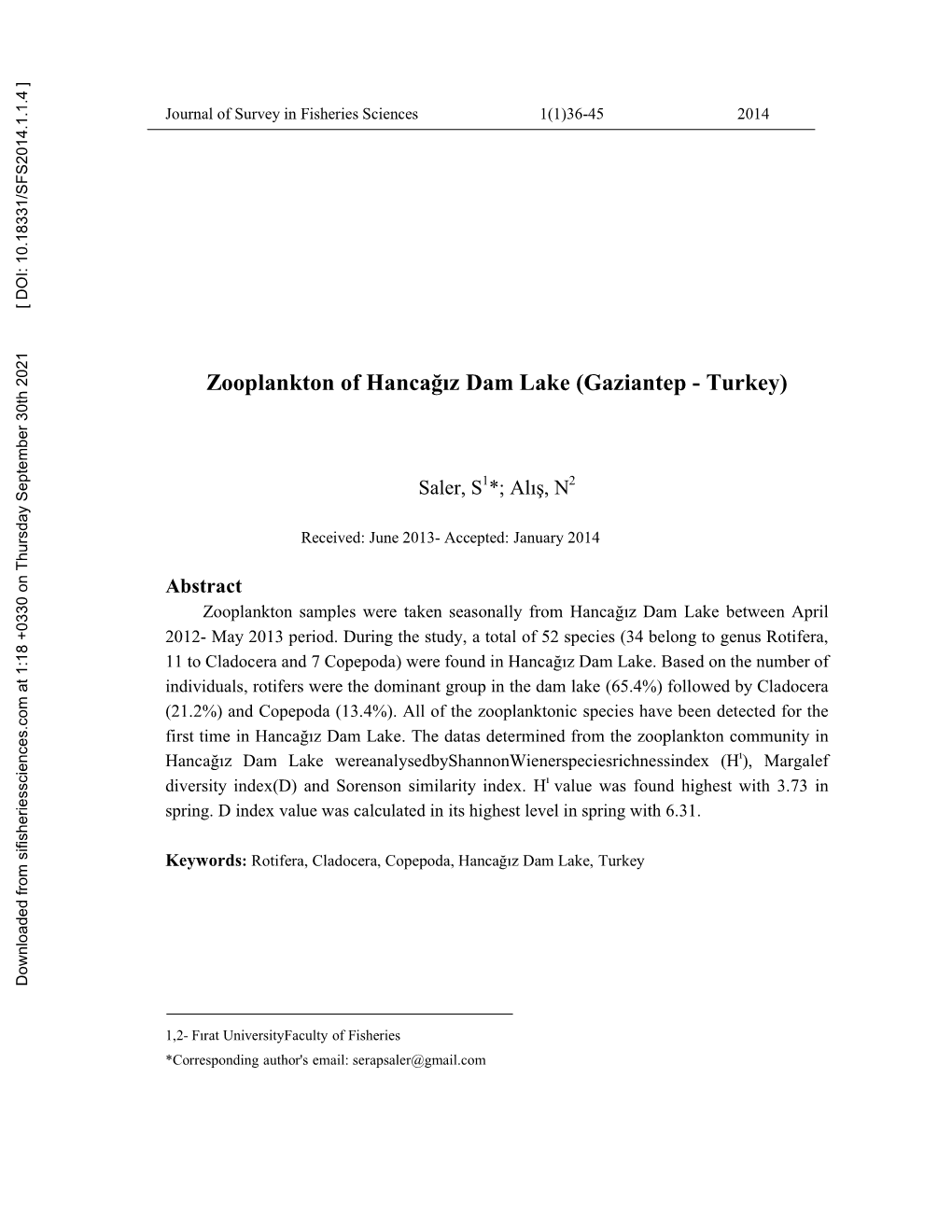 Zooplankton of Hancağız Dam Lake (Gaziantep - Turkey)