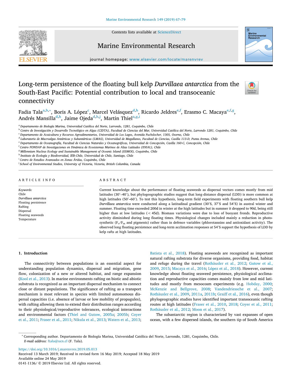 Long-Term Persistence of the Floating Bull Kelp Durvillaea Antarctica From