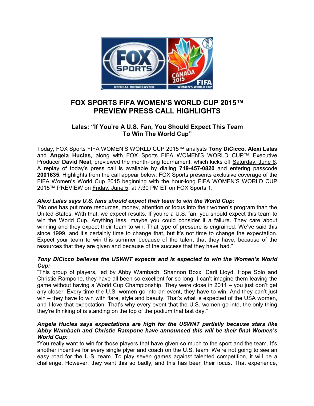 FOX Sports FIFA Women's World Cup 2015 Preview Press