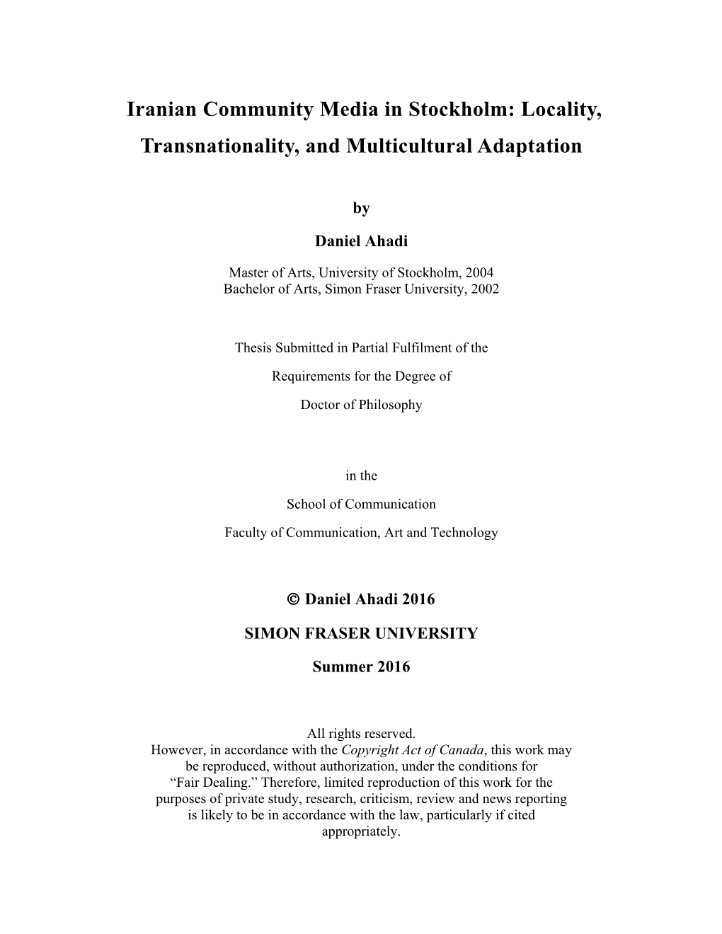 Iranian Community Media in Stockholm: Locality, Transnationality, and Multicultural Adaptation