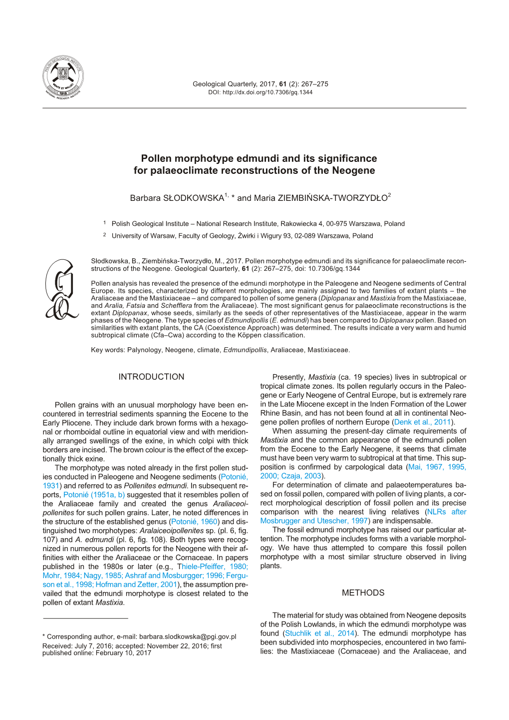 Pol Len Morphotype Edmundi and Its Sig Nif I Cance for Palaeoclimate Re Con Struc Tions of the Neo Gene