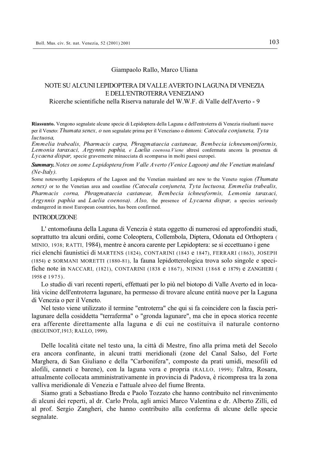 103 Giampaolo Rallo, Marco Uliana NOTE SU ALCUNI LEPIDOPTERA DI VALLE AVERTO in LAGUNA DI VENEZIA E DELL'entroterra VENEZIANO Ri