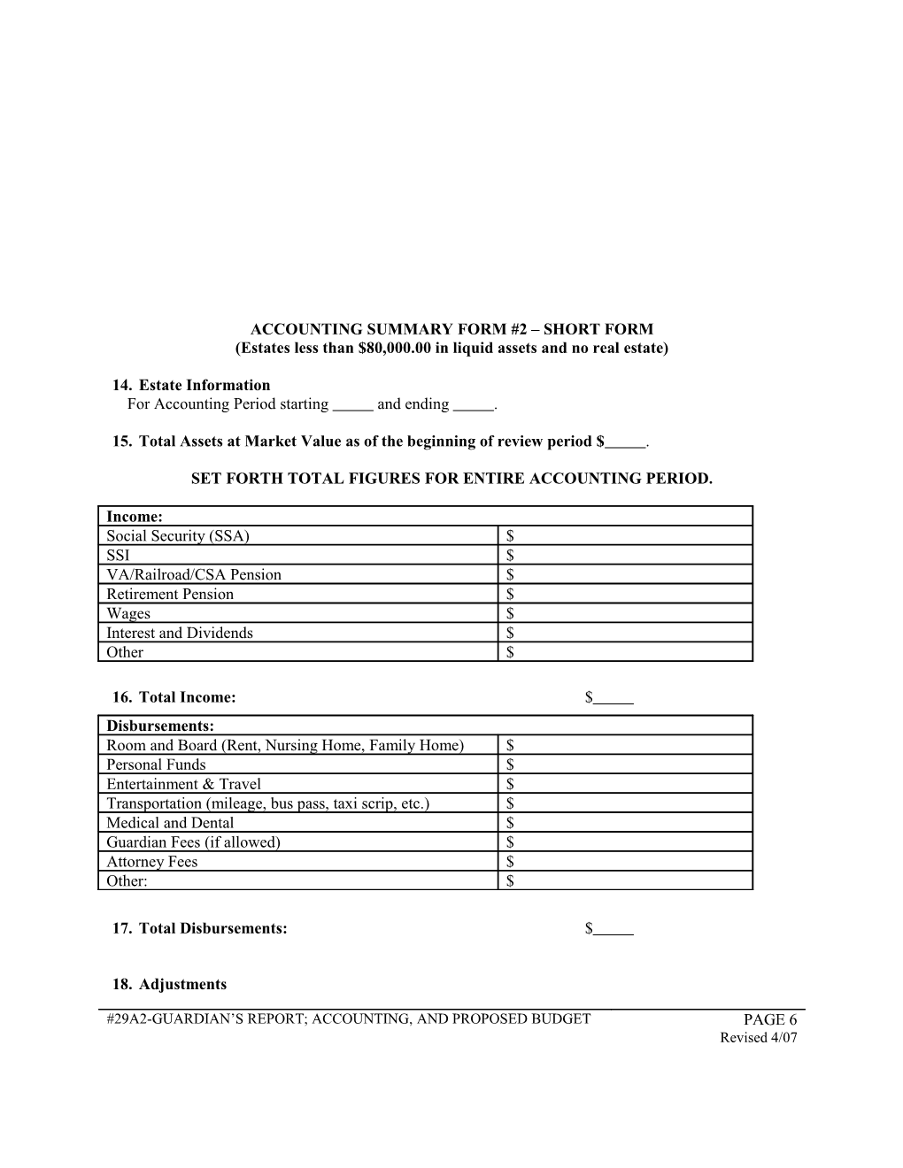 Accounting Summary #1 S Hort Form