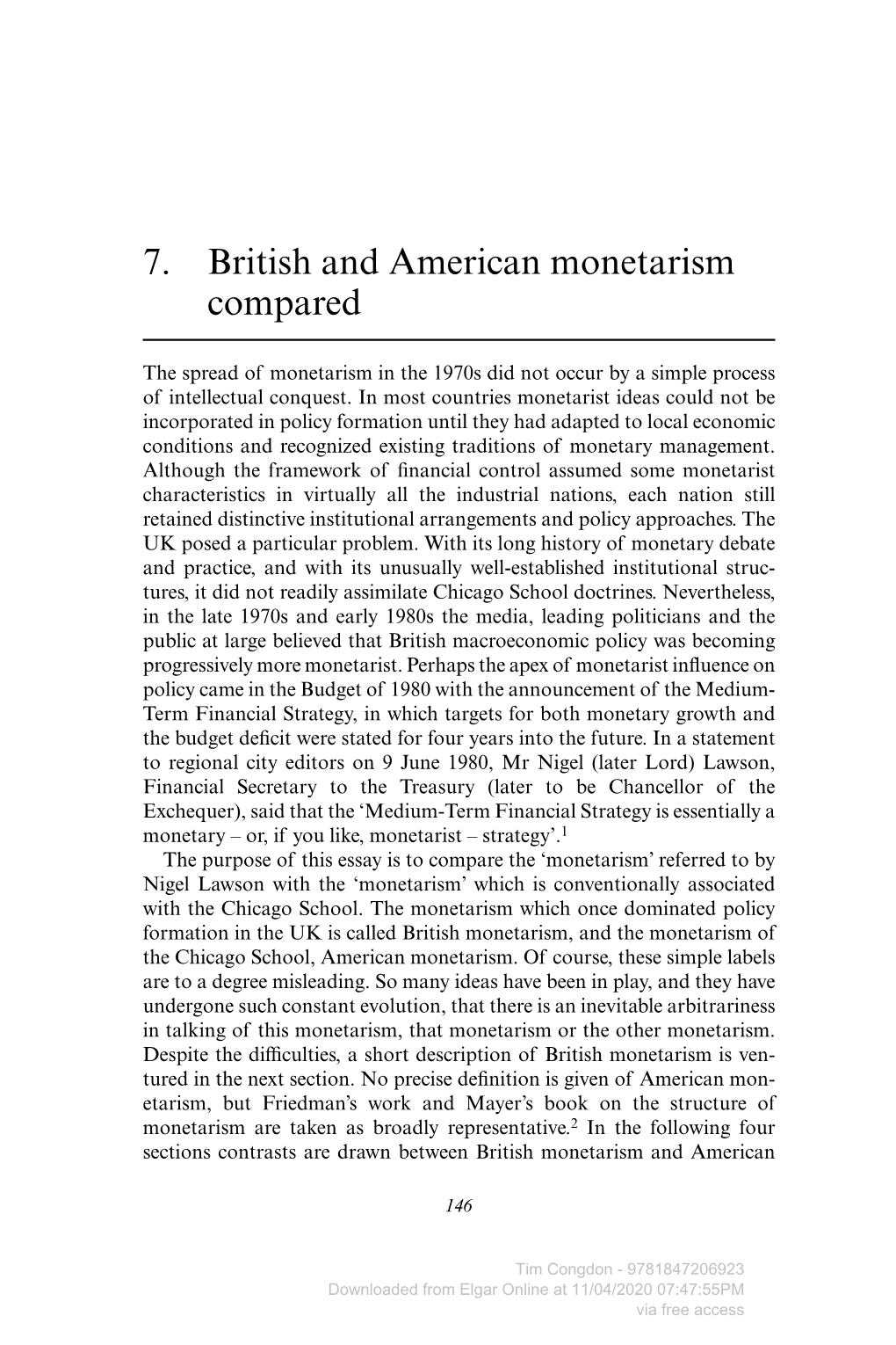 7. British and American Monetarism Compared