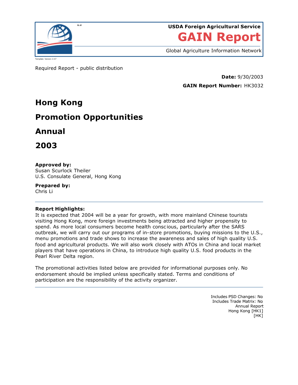 Hong Kong Promotion Opportunities Annual 2003