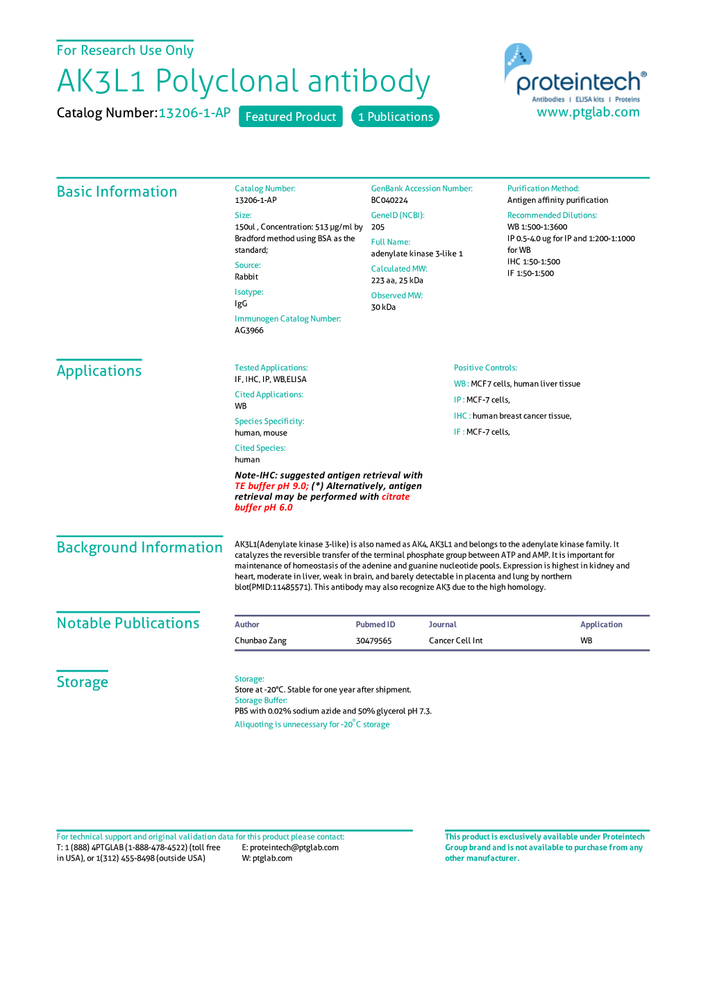 AK3L1 Polyclonal Antibody Catalog Number:13206-1-AP Featured Product 1 Publications