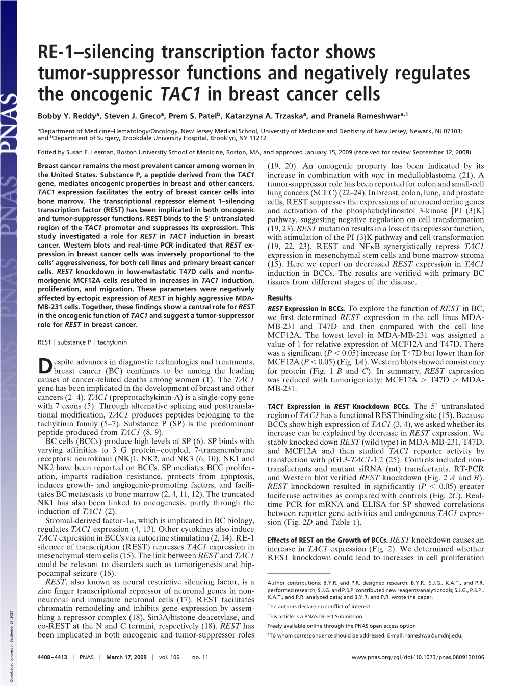 RE-1–Silencing Transcription Factor Shows Tumor-Suppressor Functions and Negatively Regulates the Oncogenic TAC1 in Breast Cancer Cells