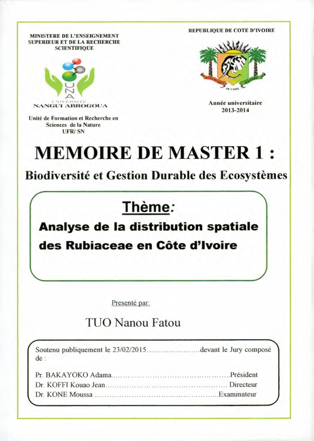 MEMOIRE DE MASTER 1 : Biodiversité Et Gestion Durable Des Ecosystèmes
