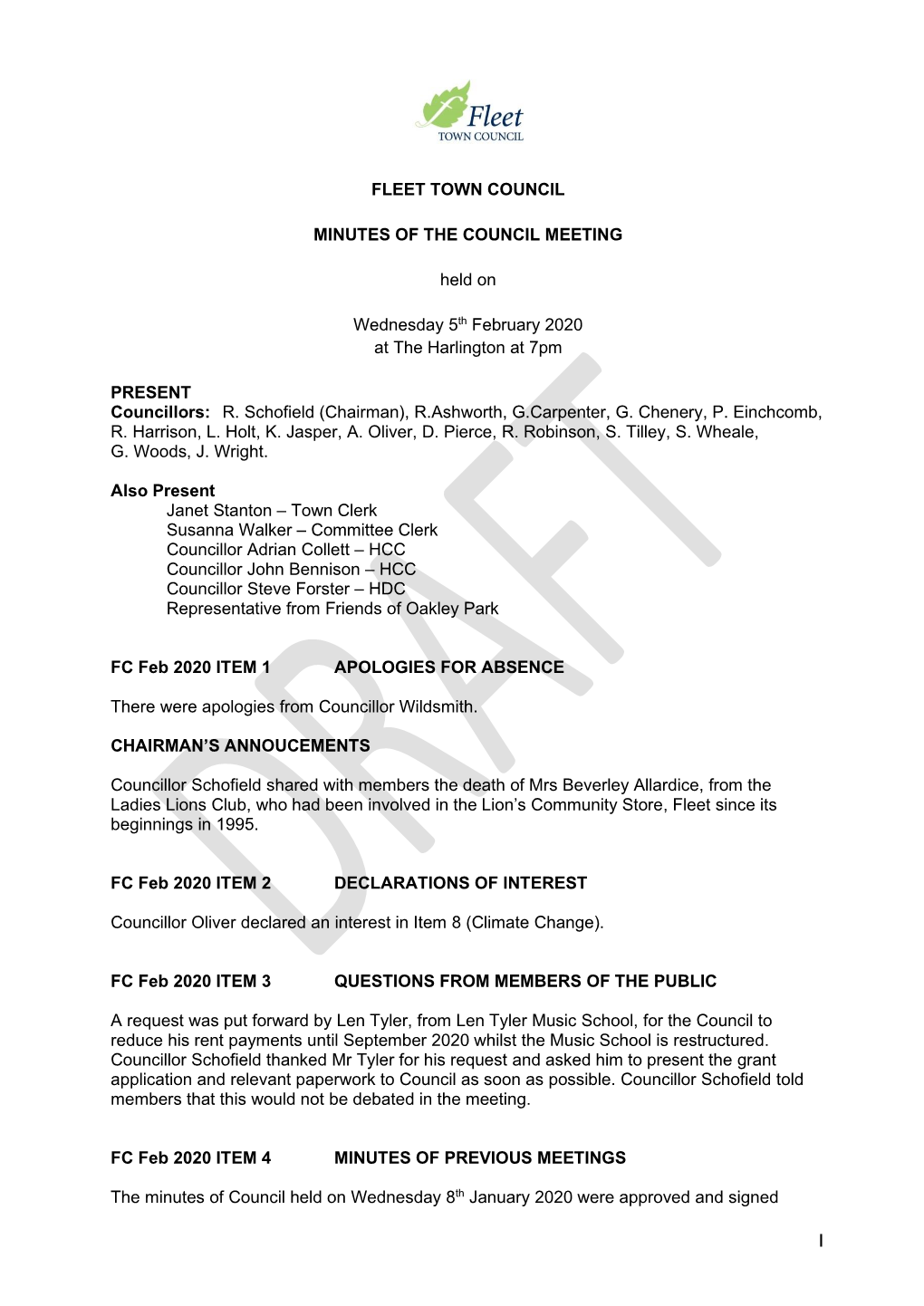 FLEET TOWN COUNCIL MINUTES of the COUNCIL MEETING Held on Wednesday 5Th February 2020 at the Harlington at 7Pm PRESENT Counc