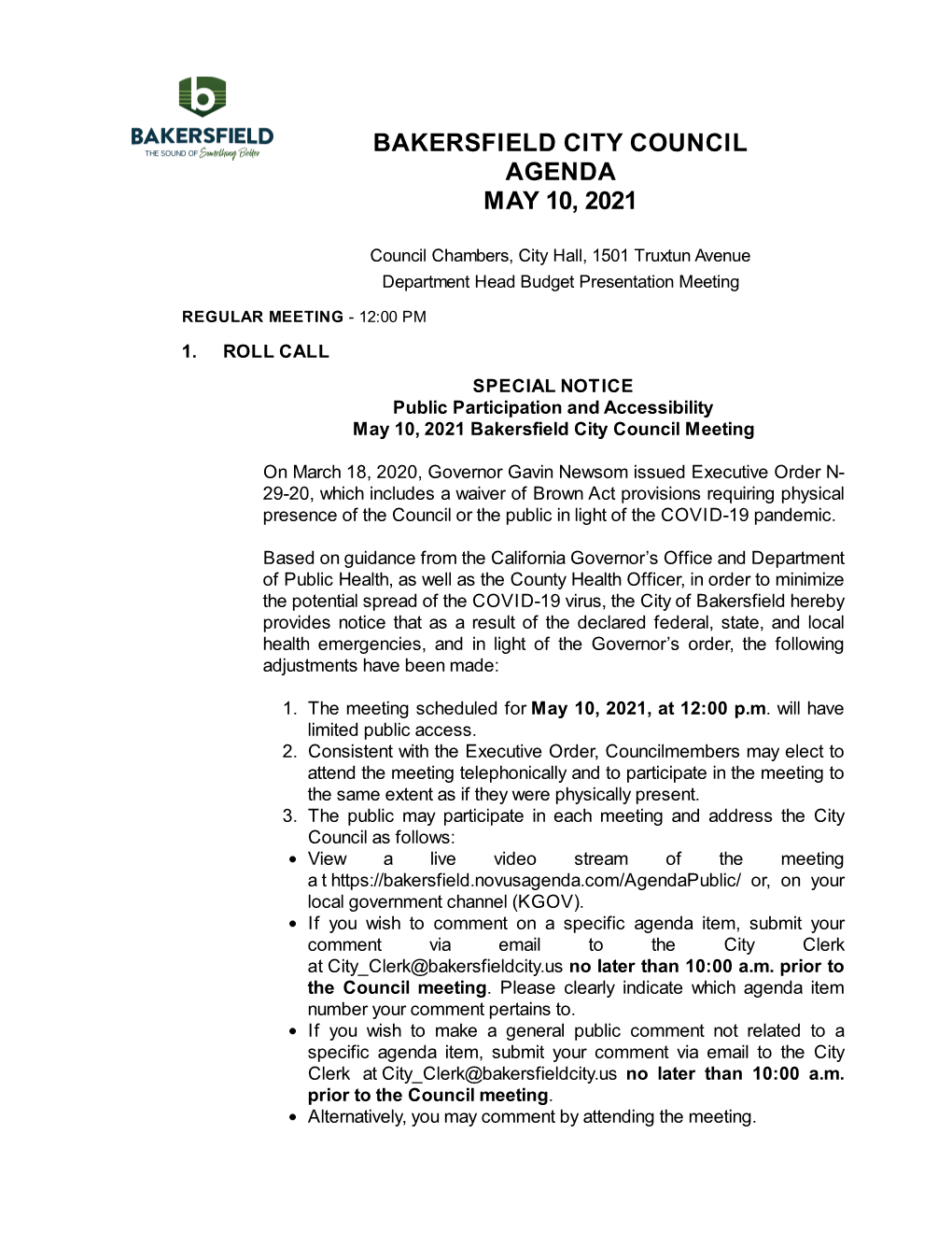 Bakersfield City Council Agenda May 10, 2021