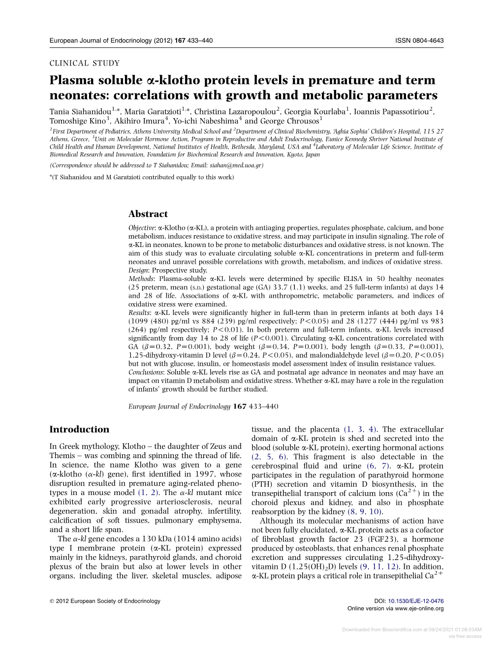 Plasma Soluble A-Klotho Protein Levels in Premature and Term Neonates