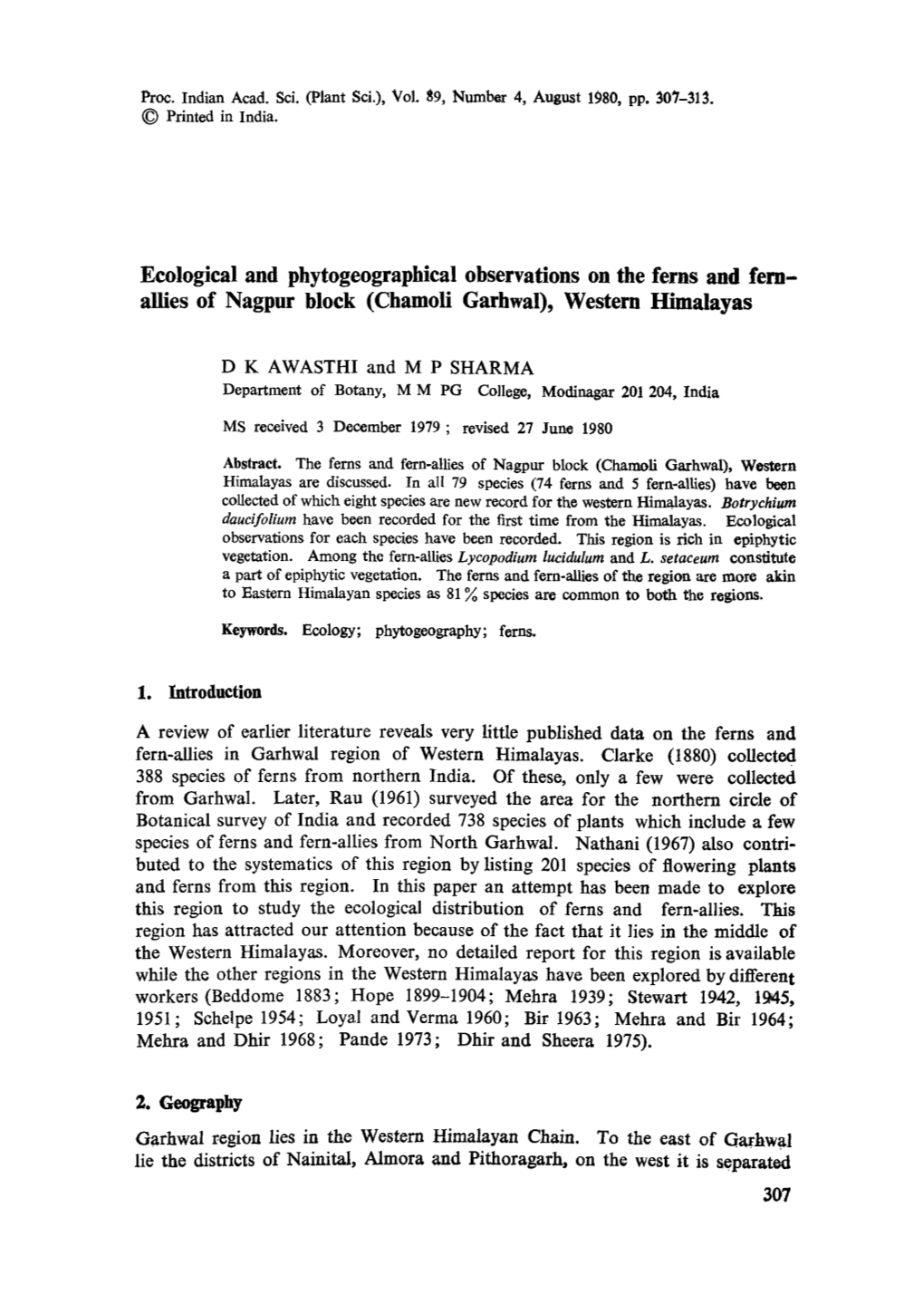 Ecological and Phytogeographical Observations on the Ferns and Fernallies of Nagpur Block (Chamoli Garhwal), Western Himalayas