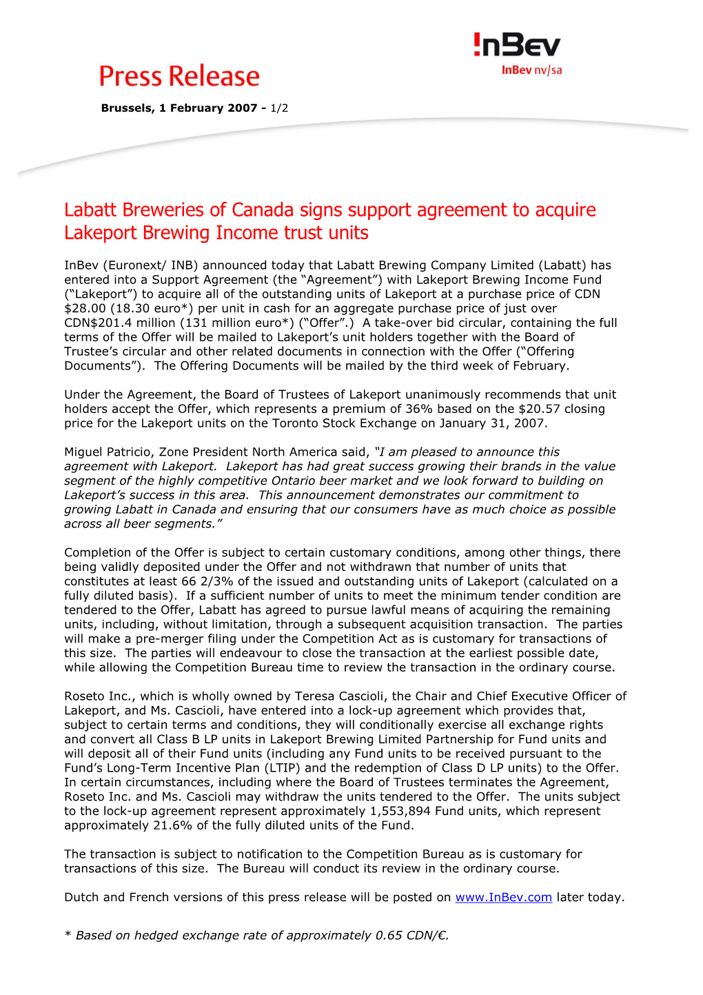 Labatt Breweries of Canada Signs Support Agreement to Acquire Lakeport Brewing Income Trust Units