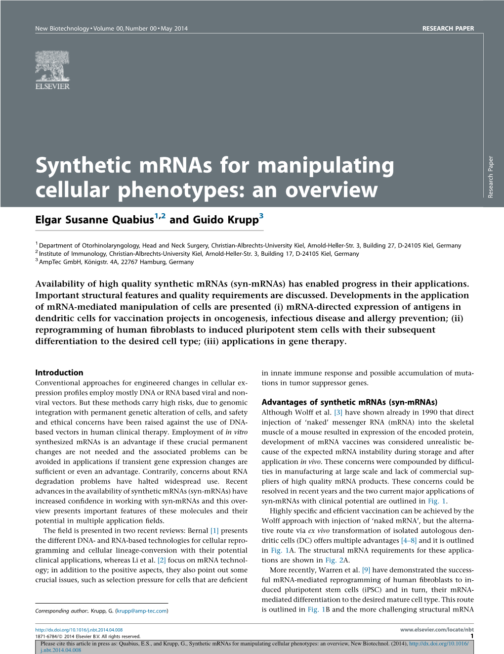 Synthetic Mrnas for Manipulating Cellular Phenotypes: an Overview, New Biotechnol