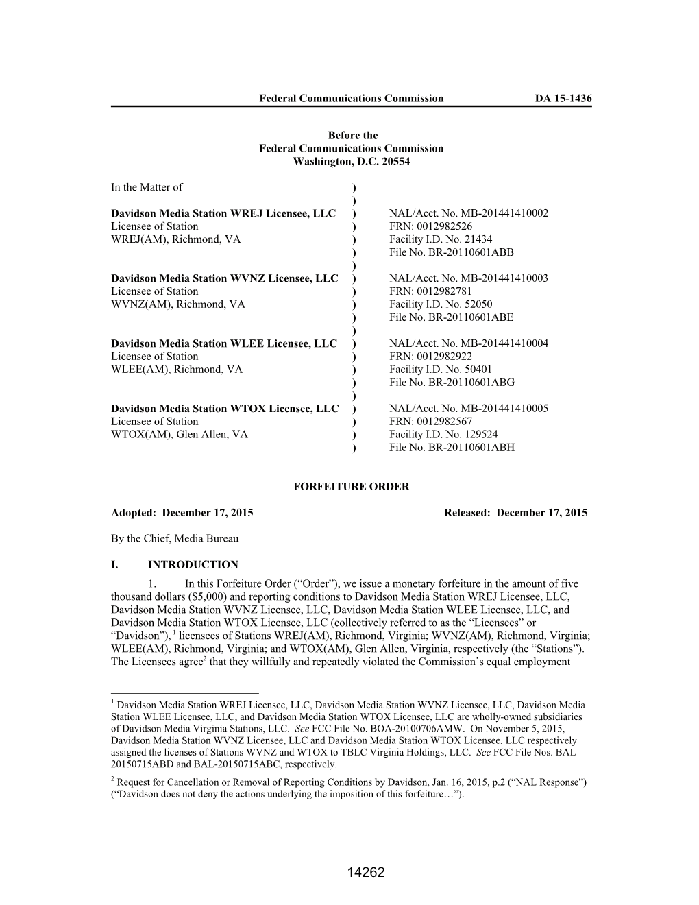 Federal Communications Commission DA 15-1436 Before the Federal