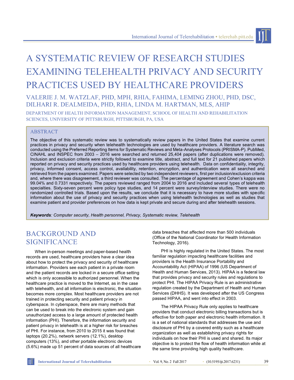 A Systematic Review of Research Studies Examining Telehealth Privacy and Security Practices Used by Healthcare Providers Valerie J