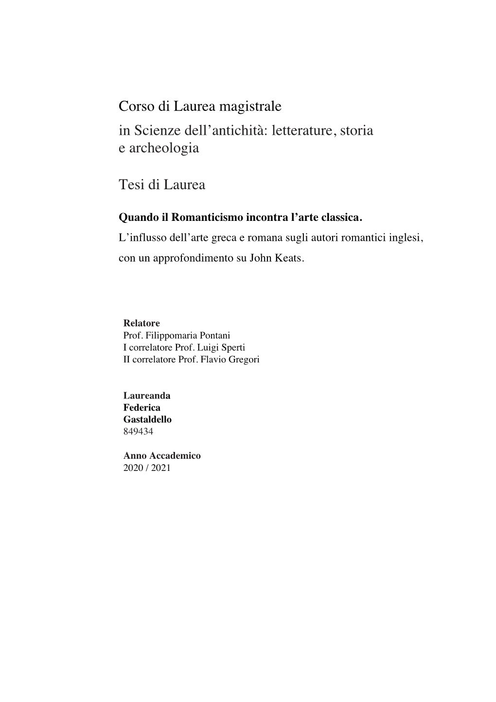 In Scienze Dell'antichità: Letterature, Storia E Archeologia Tesi Di Laurea