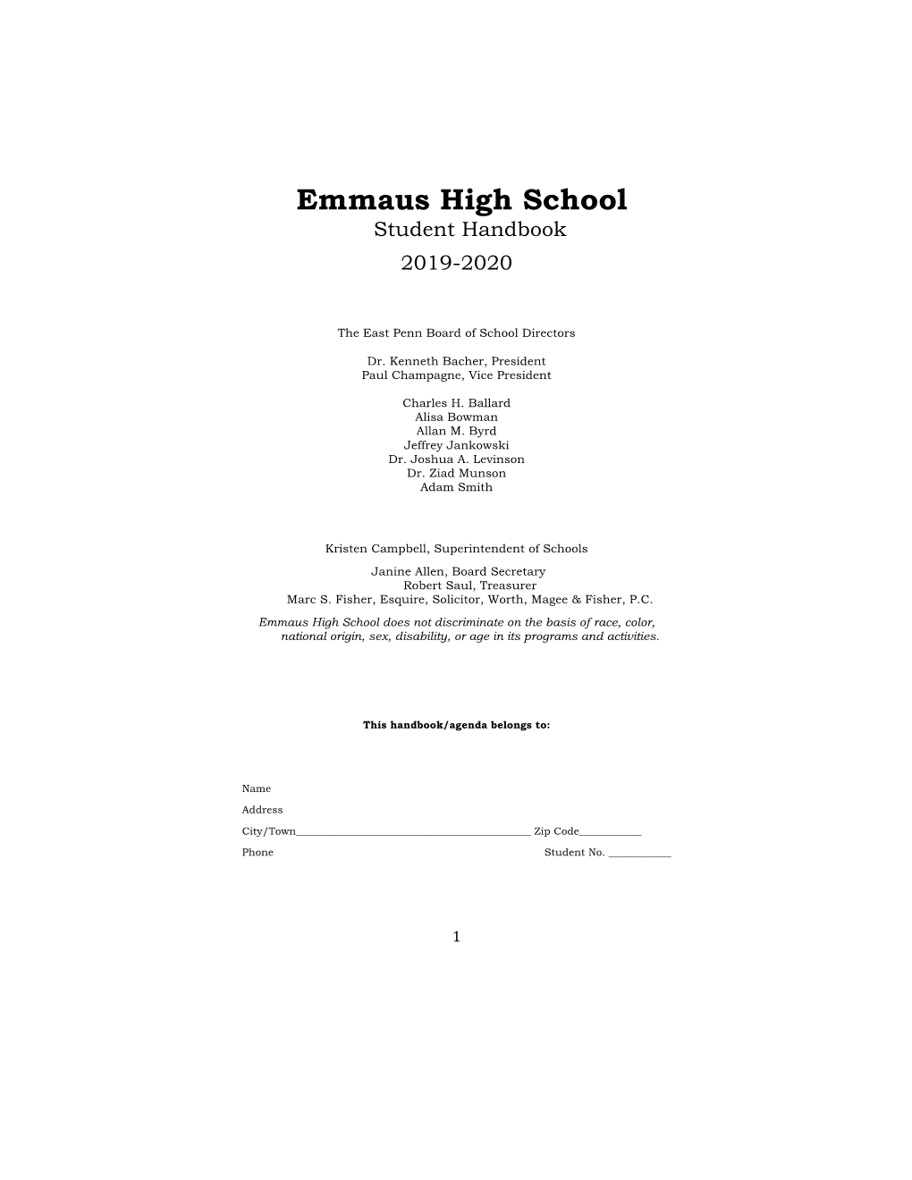 Emmaus High School Student Handbook 2019-2020