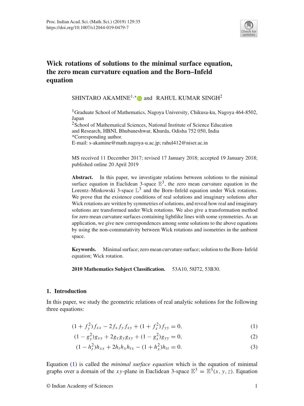 Wick Rotations of Solutions to the Minimal Surface Equation, the Zero Mean Curvature Equation and the Born–Infeld Equation