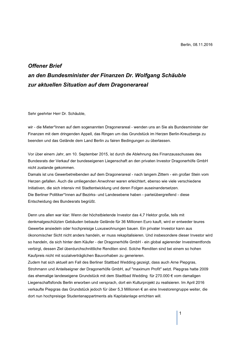 Offener Brief an Den Bundesminister Der Finanzen Dr. Wolfgang Schäuble Zur Aktuellen Situation Auf Dem Dragonerareal