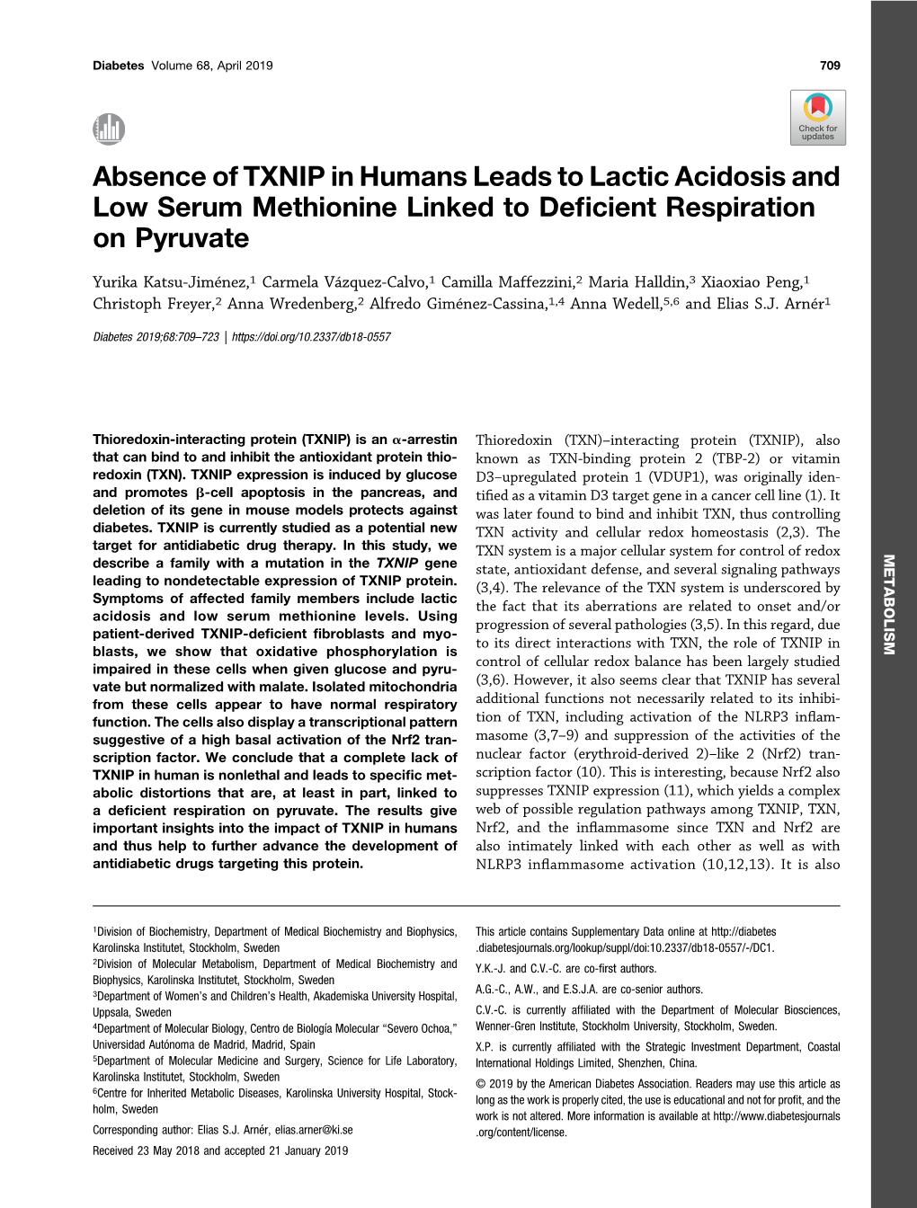 Absence of TXNIP in Humans Leads to Lactic Acidosis and Low Serum Methionine Linked to Deficient Respiration on Pyruvate