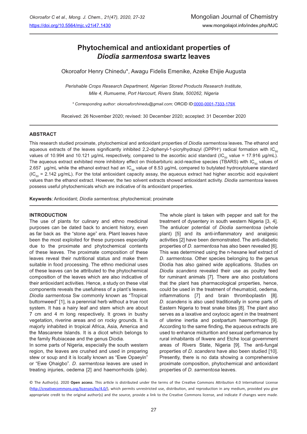 Phytochemical and Antioxidant Properties of Diodia Sarmentosa Swartz Leaves