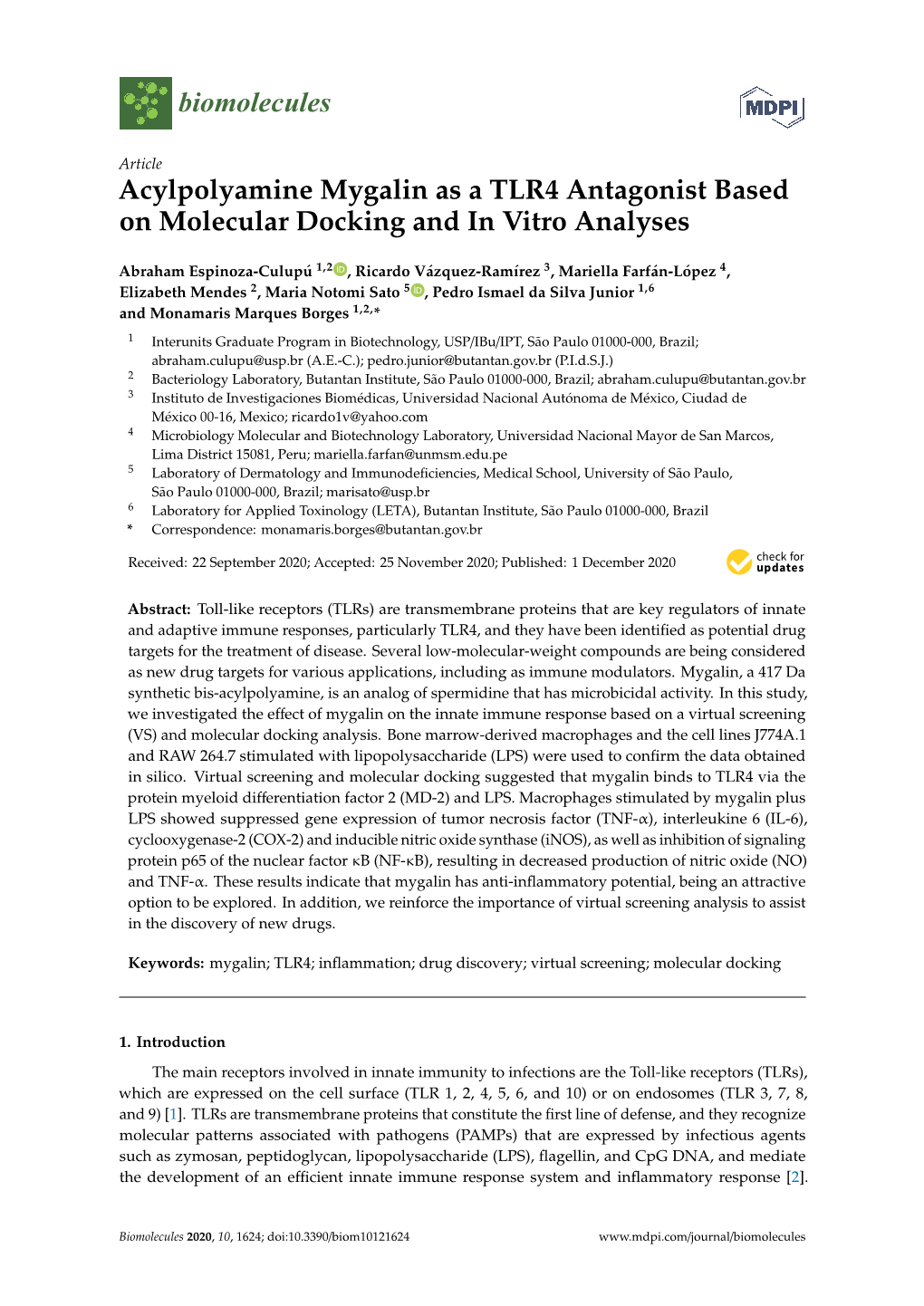 Acylpolyamine Mygalin As a TLR4 Antagonist Based on Molecular Docking and in Vitro Analyses