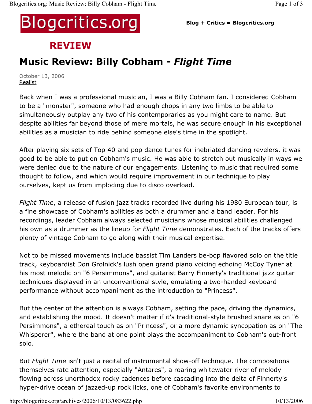 Music Review: Billy Cobham - Flight Time Page 1 of 3