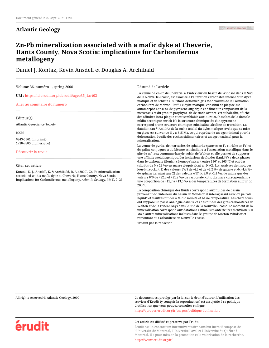 Zn-Pb Mineralization Associated with a Mafic Dyke at Cheverie, Hants County, Nova Scotia: Implications for Carboniferous Metallogeny Daniel J