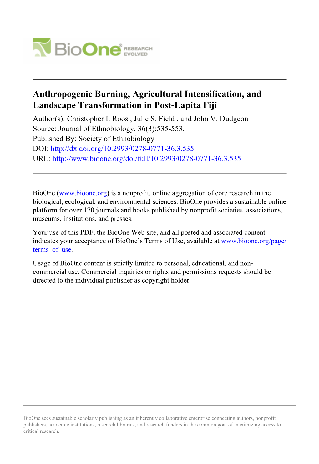 Anthropogenic Burning, Agricultural Intensification, and Landscape Transformation in Post-Lapita Fiji Author(S): Christopher I