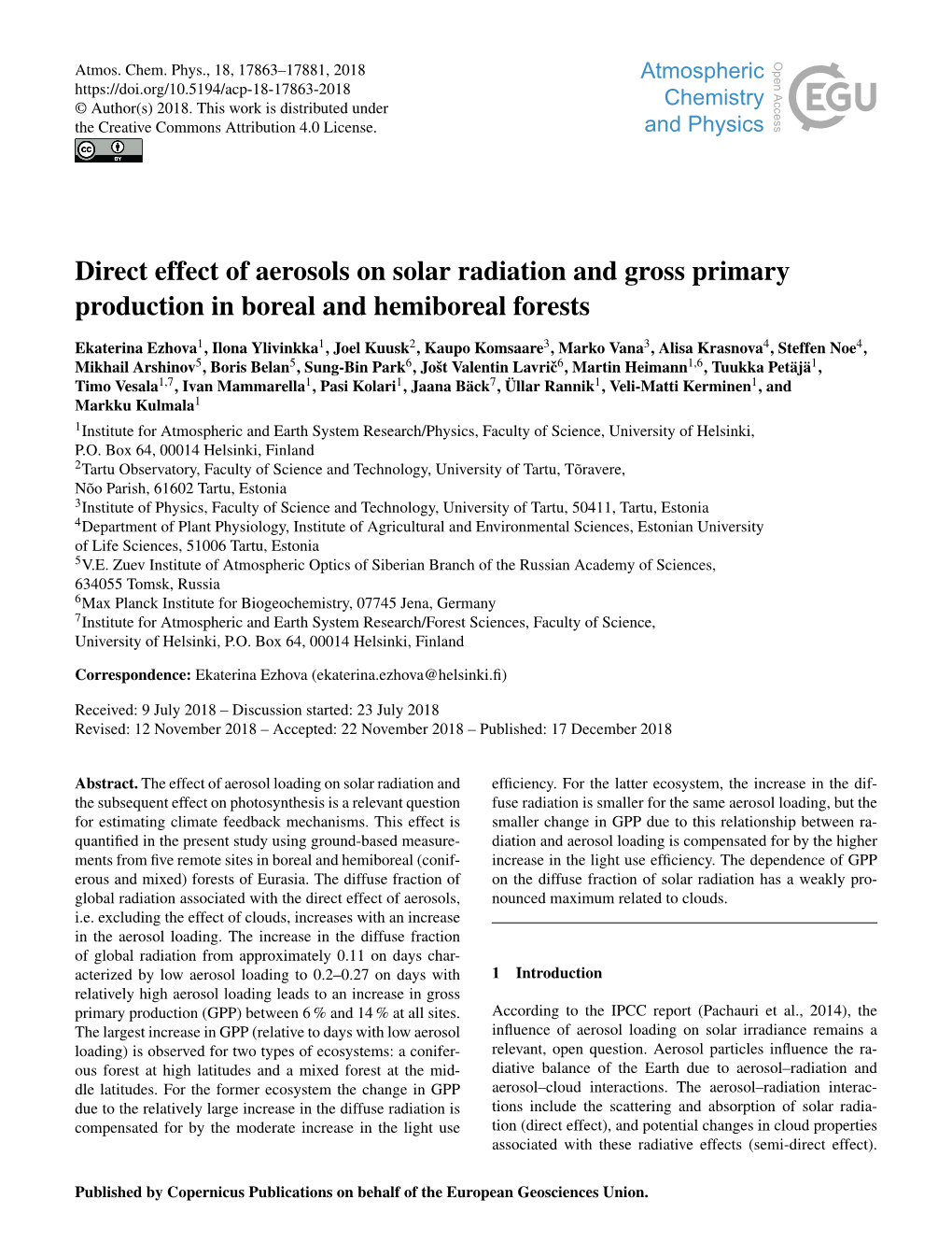 Articles Inﬂuence the Ra- Ous Forest at High Latitudes and a Mixed Forest at the Mid- Diative Balance of the Earth Due to Aerosol–Radiation and Dle Latitudes
