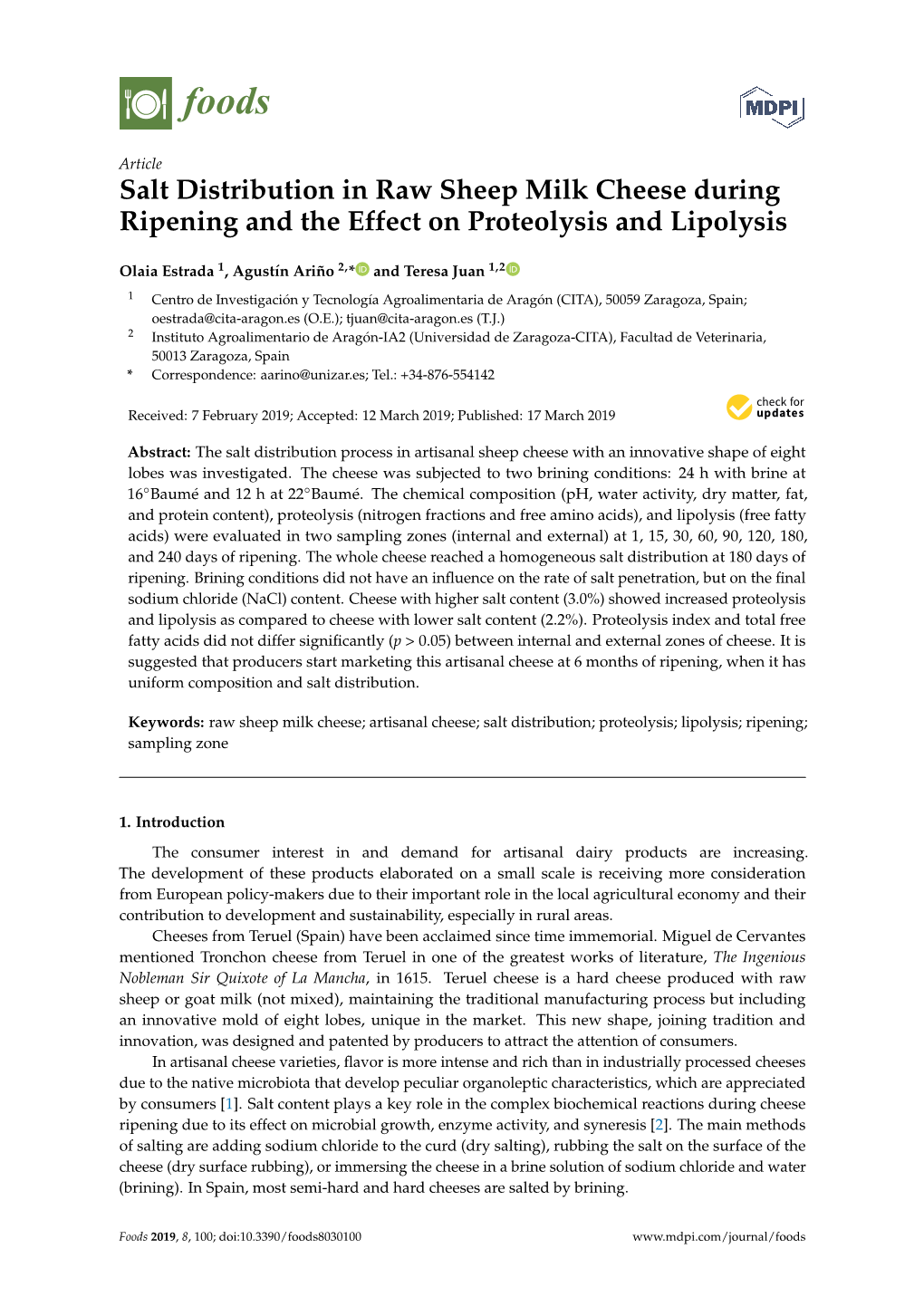 Salt Distribution in Raw Sheep Milk Cheese During Ripening and the Effect on Proteolysis and Lipolysis