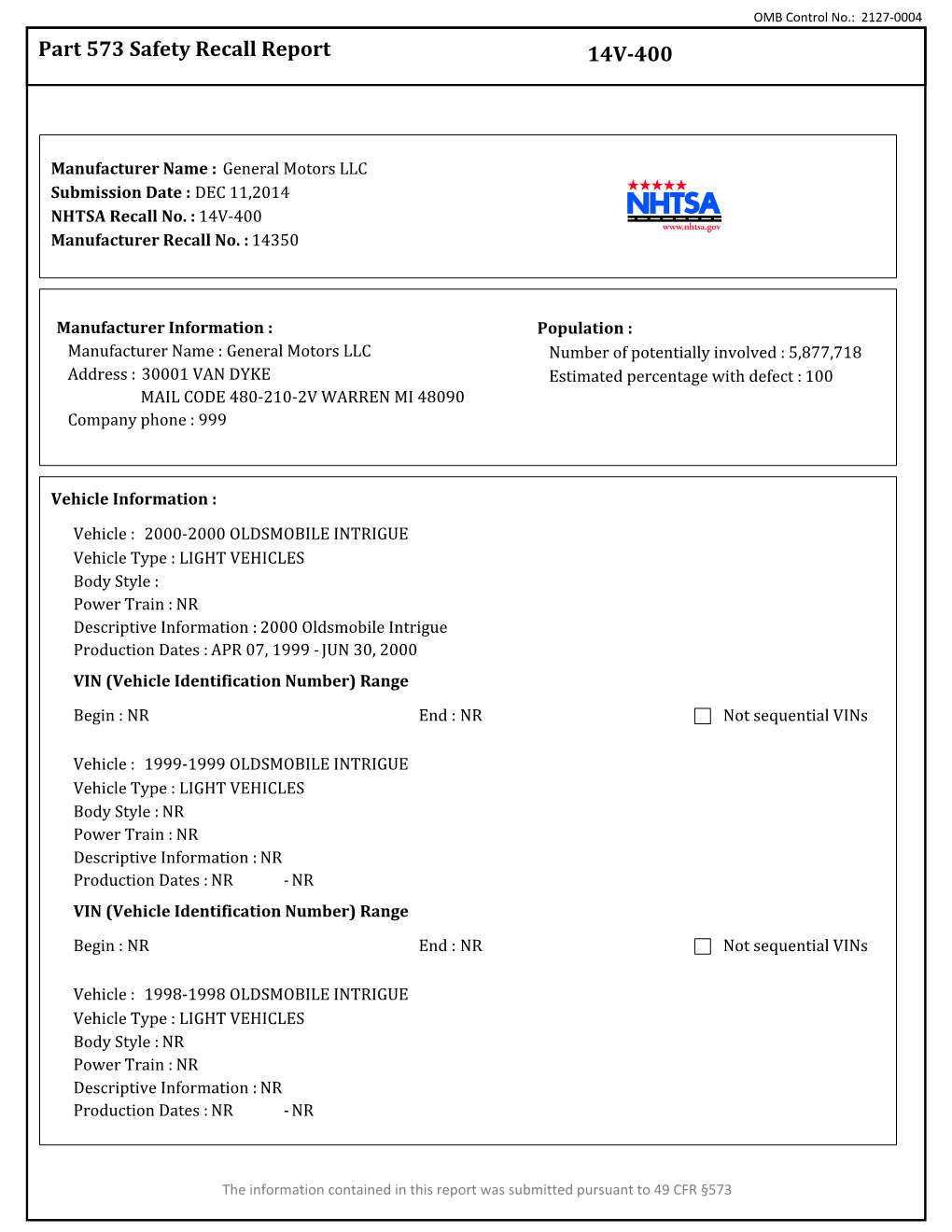 Part 573 Safety Recall Report 14V-400