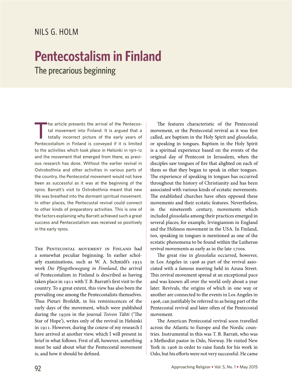 Pentecostalism in Finland the Precarious Beginning