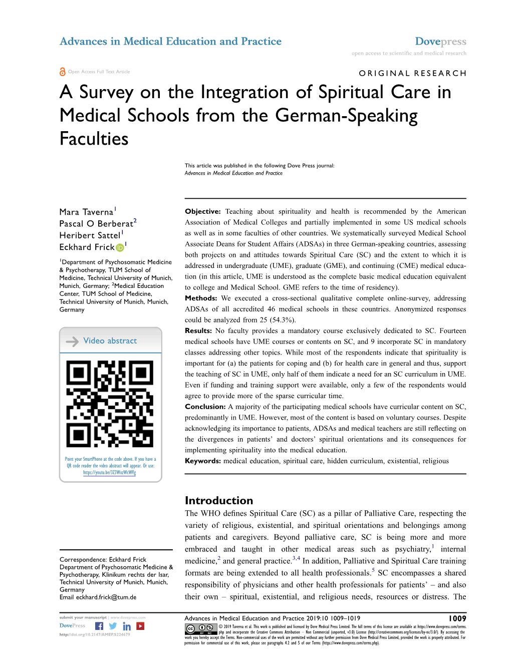 A Survey on the Integration of Spiritual Care in Medical Schools from the German-Speaking Faculties