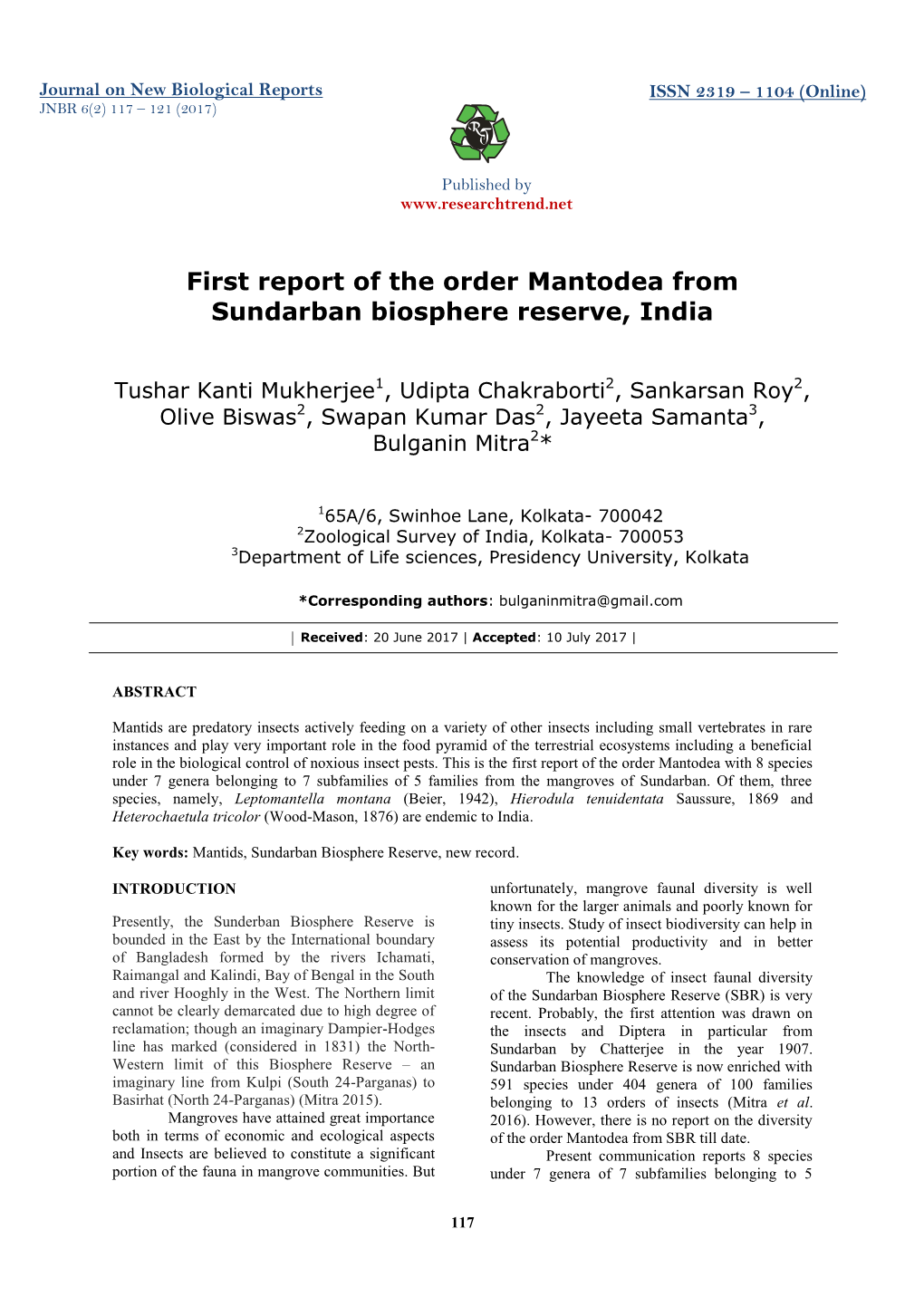 First Report of the Order Mantodea from Sundarban Biosphere Reserve, India